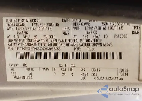 2013 Ford E-250 Commercial из США, поврежденный, VIN 1FTNE2EW3DDA86533